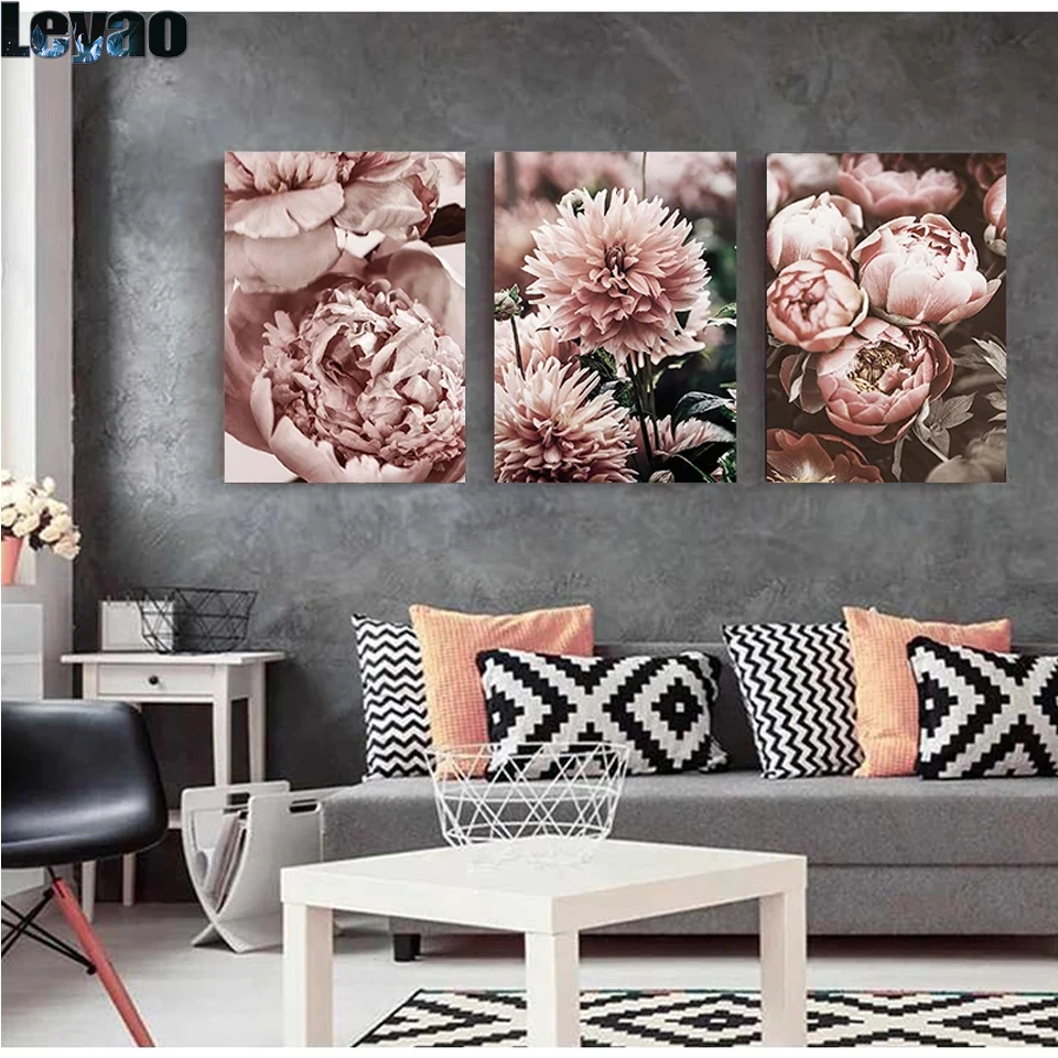 Triptych Peony Flower diy diamond Painting Rose Gold Floral full drill 5d diamond embroidery mosaic kits Wall Art Decor Picture