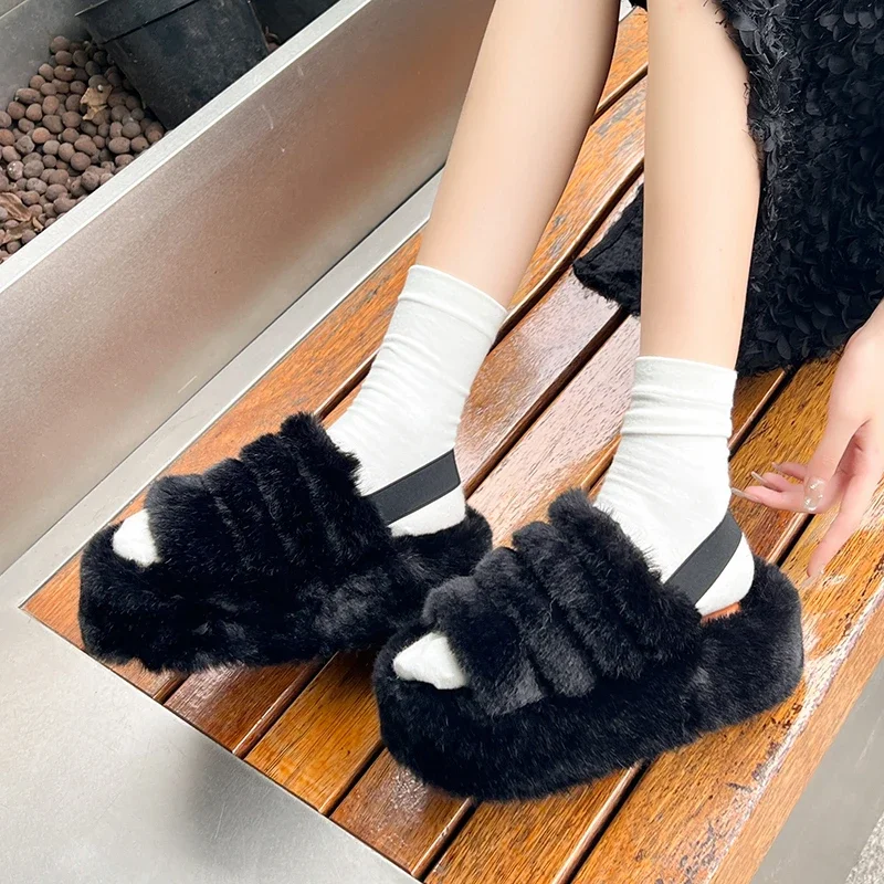 Winter Indoor Fluffy Slides Platform Slippers Women New Luxury Designer Slippers Women Winter Fashion Faux Fur Shoes for Women