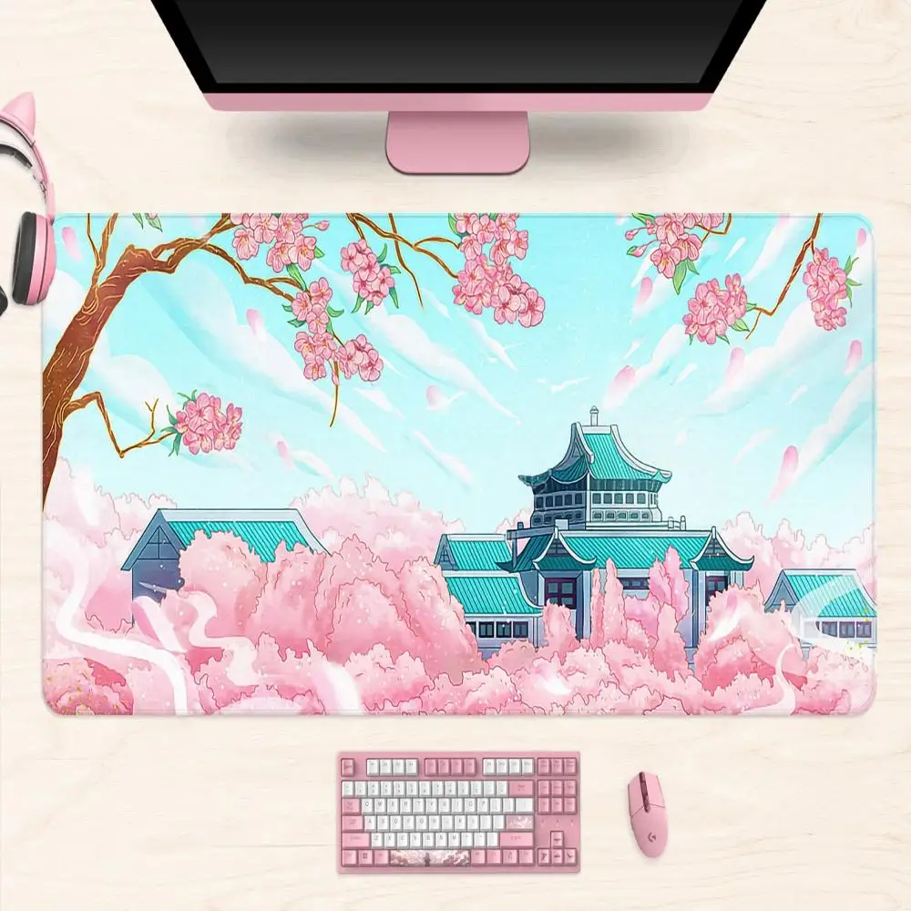 Sakura Japanese Style Desk Mat, Anime Desk Mat, Game Desk Mat, Forest Mouse Pad, Cherry Blossom Mouse Pad.