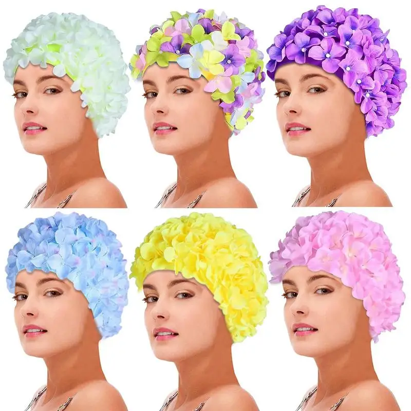 Gorro de baño con flores 3D para mujer, gorro de baño transpirable hecho a mano, capucha de buceo de pelo largo suave, protección para los oídos, accesorios para piscina