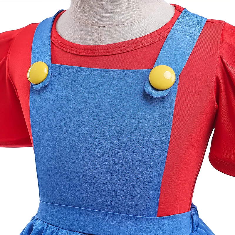 Children Girl Princess Dress Cartoon Super Mario Cosplay Costume Short Sleeve Cotton Kids Girl Birthday Party Dress