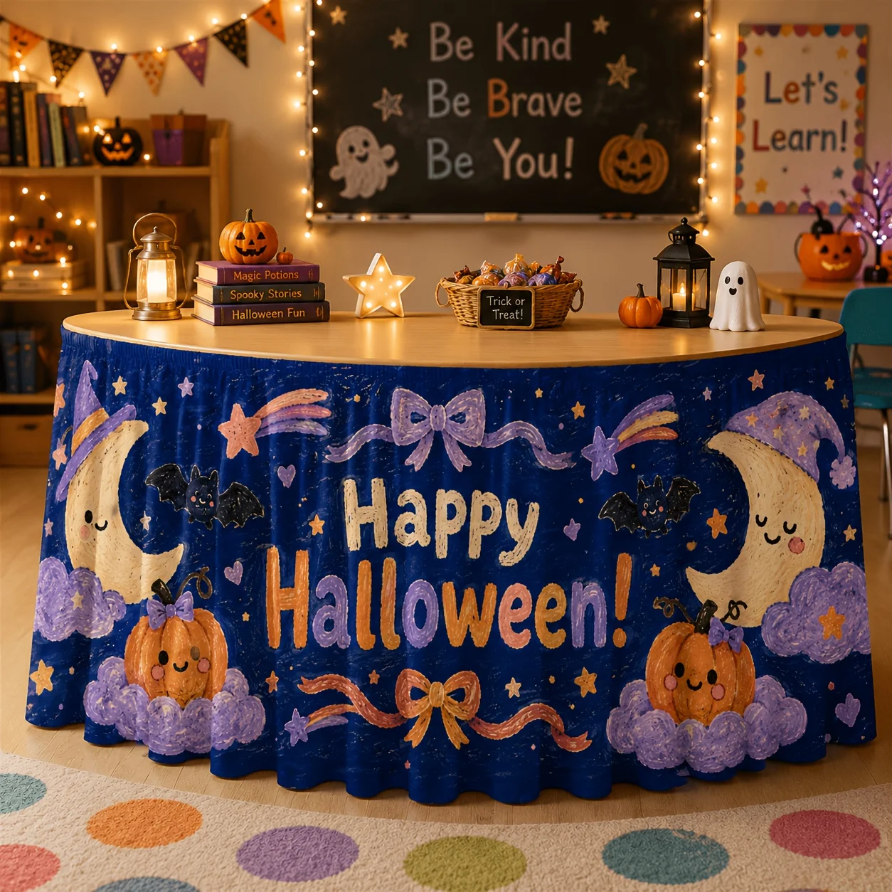 A tablecloth table skirt, Happy Halloween table skirt, textured crayon drawing, smiling pumpkin