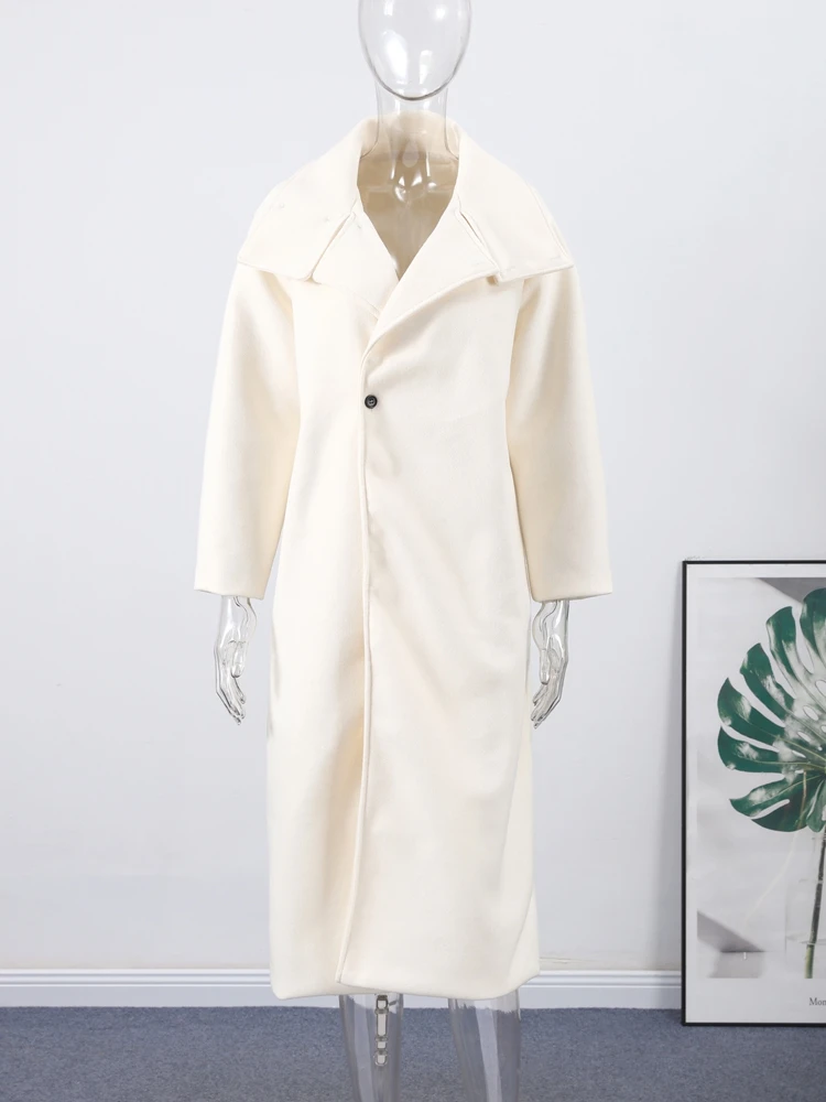 

Women Stand Collar White Overcoat Wool Blend Single Breasted Full Sleeve Long Loose Coat 2025 Autumn Winter Lady Outwear New