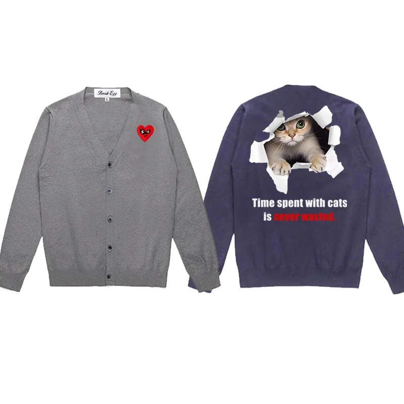 Breaking Paper Pet Cat Printing Men Cardigan Cotton Red Cute Glasses Heart Embroidery V-Neck Single Breasted Autumn Sweater