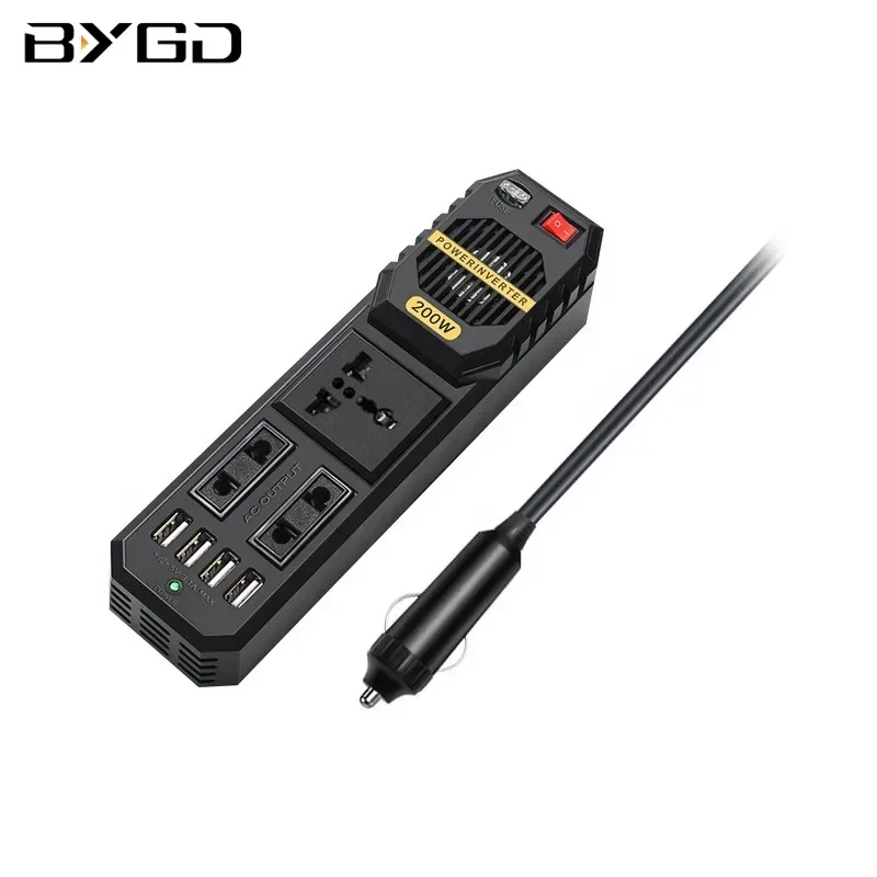 BYGD 200W Car Inverter DC12V to AC 220V Adapter Charger Socket Auto Power Converter USB Ports Fast Charging Vehicle Inverter