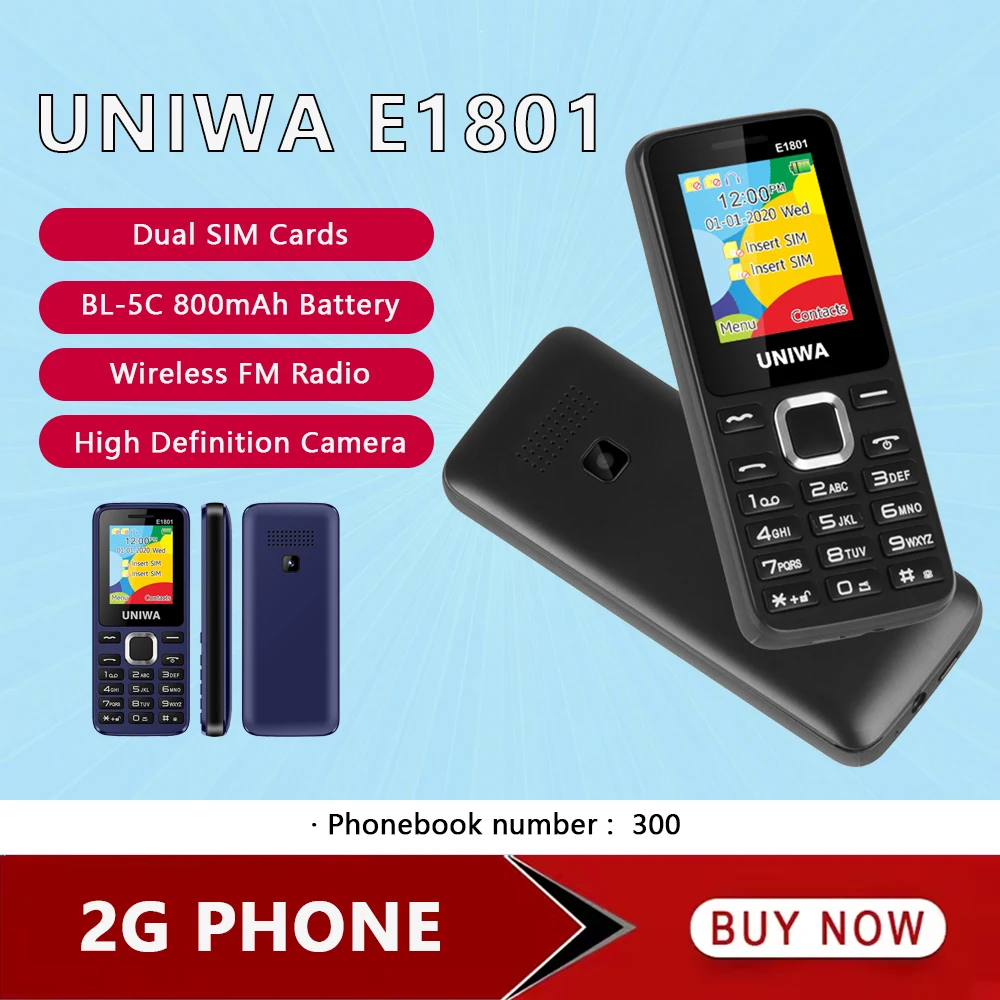 UNIWA E1801 Feature Phone with 1.77 Inch Display 800mAh Battery Dual SIM FM Radio Cell Phone for Elder Man Support TF Expansion