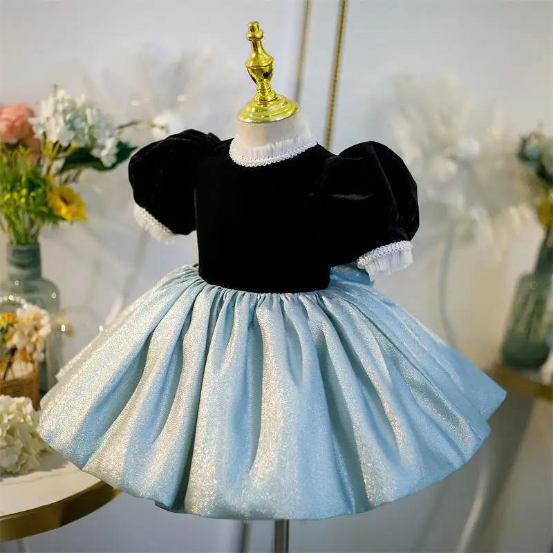 Vestidos personalizados con mangas abullonadas, Color Patchwork, cuello redondo, flores para niñas, vestido de baile plisado, Vestidos de princesa, cumpleaños sencillo y dulce para niños