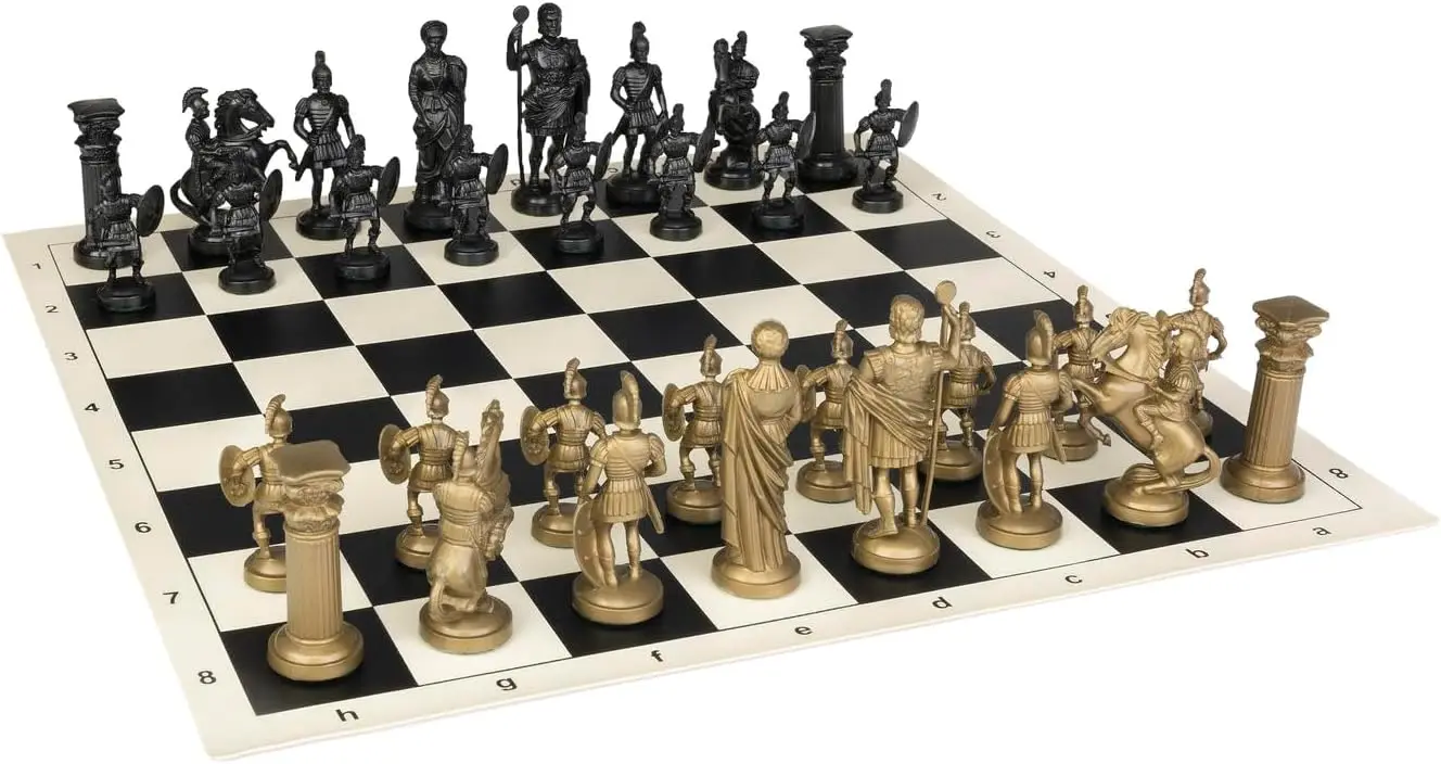 

Roman Chess Set - Vinyl Chess Board Black/White- Size 17,3' + Roman Chess Pieces 3,75' Black/Gold