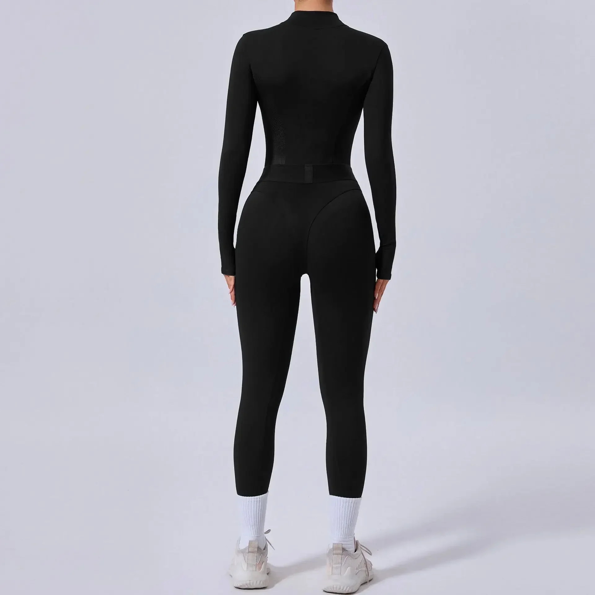 Mode Mesh Gespleißt Bodycon Sport Overall Frauen Ein Stück Outfit Gym Workout Kleidung Lange Sleeve Zipper Fitness Overalls Schwarz