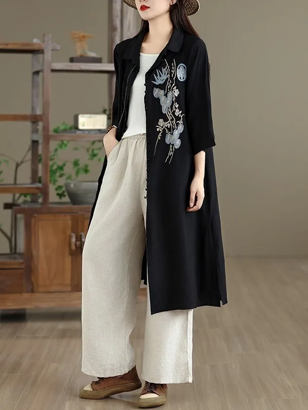 

Ele Embroidered Mid-Length Open Cardigan irt plus Size Women's Faionable Slimming Seven-Sve Casual Commute Sle