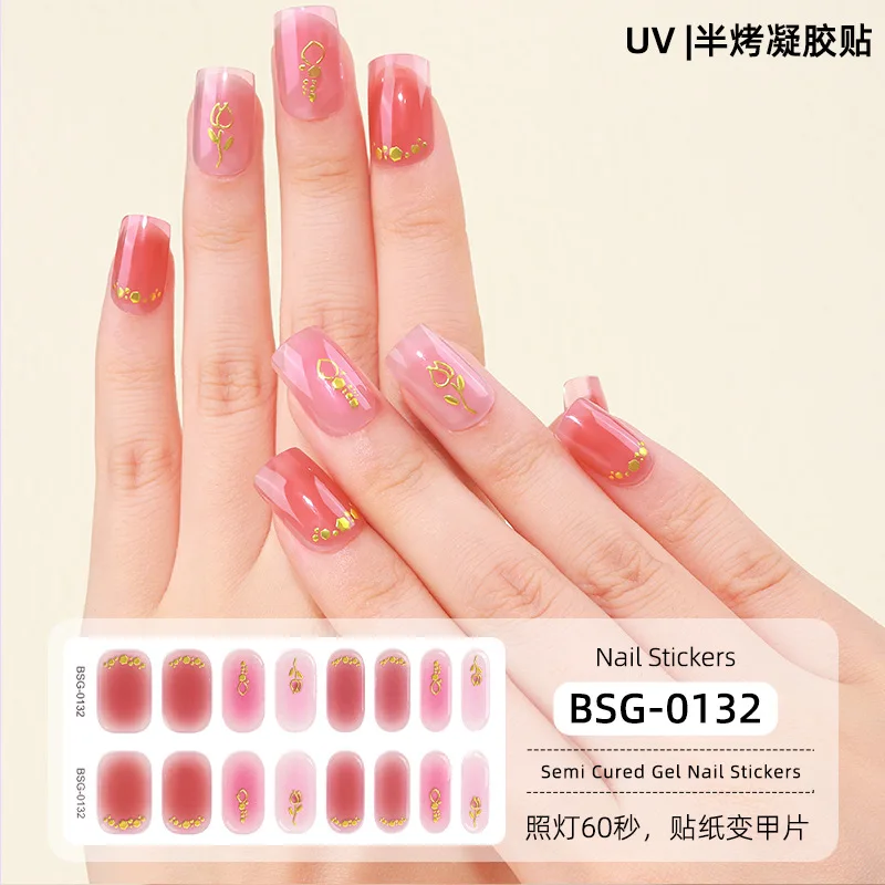 16 Tips Internet Celebrity Semi-cured Gel Nail Stickers 3D Gold Stamping Phototherapy Nail Enamel Adhesive  Nail Art Stickers