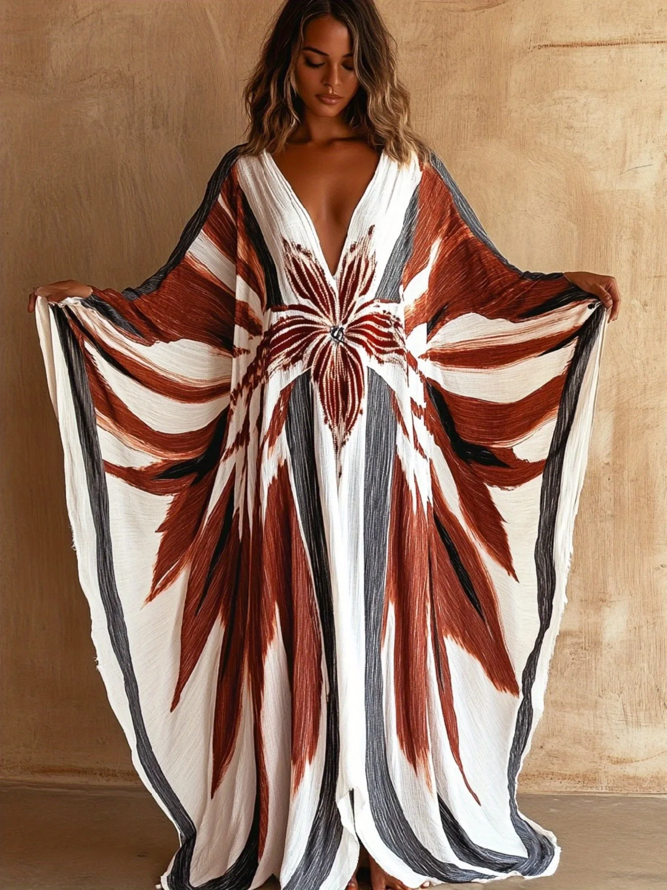 Brushstroke Abstract Floral Kaftan Dress Women V Neck Batwing Sleeve Loose Maxi Dress Boho Style Beach Cover Up for Casual Wear