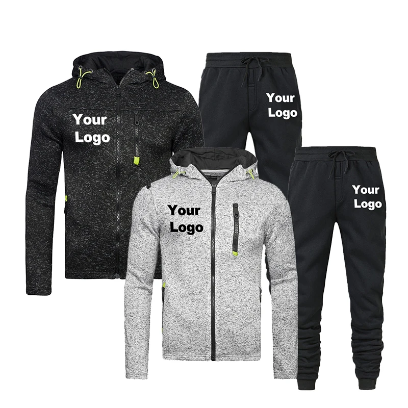 

Custom Logo Spring and Autumn Men's New Fashion Multi-Zipper Hooded Sweater Suit Casual Sports Solid Color Sweater Pants Suit