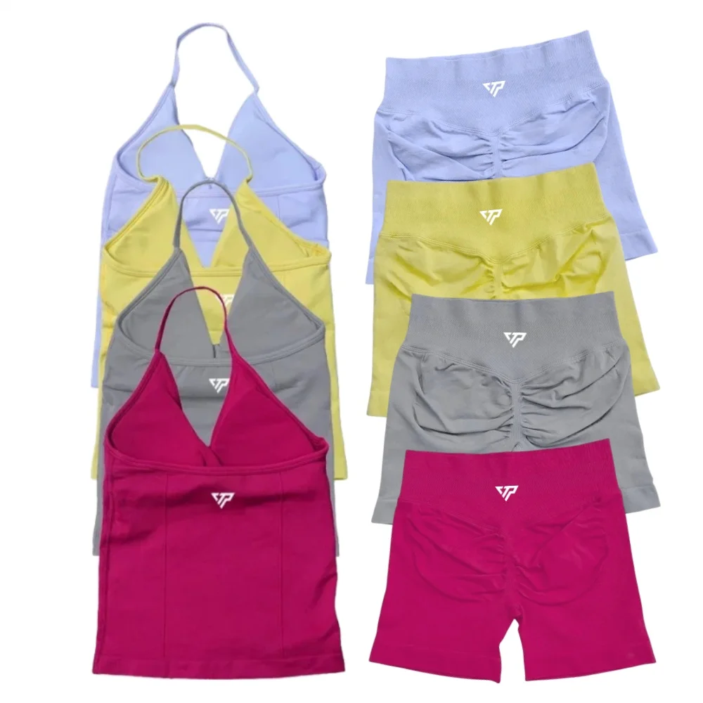 

Keep That Pump Комплекты для спортзала из 2 предметов Женская одежда Комплекты для йоги Высококачественный бесшовный бюстгальтер на шнуровке Шорты с царапинами Спортивные комплекты