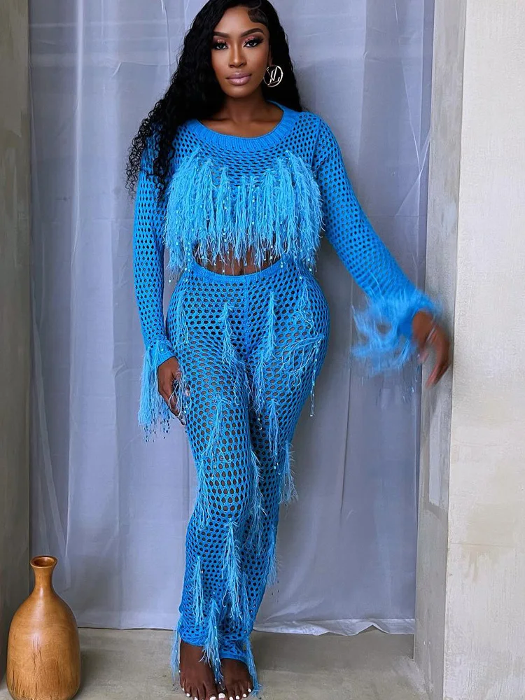 Beyprern Elegant Sequins Tassel Hollow Out Knit Crop Top And Matching Set Glitter Sequins Jumpsuit Beach Outfit Tracksuit Female