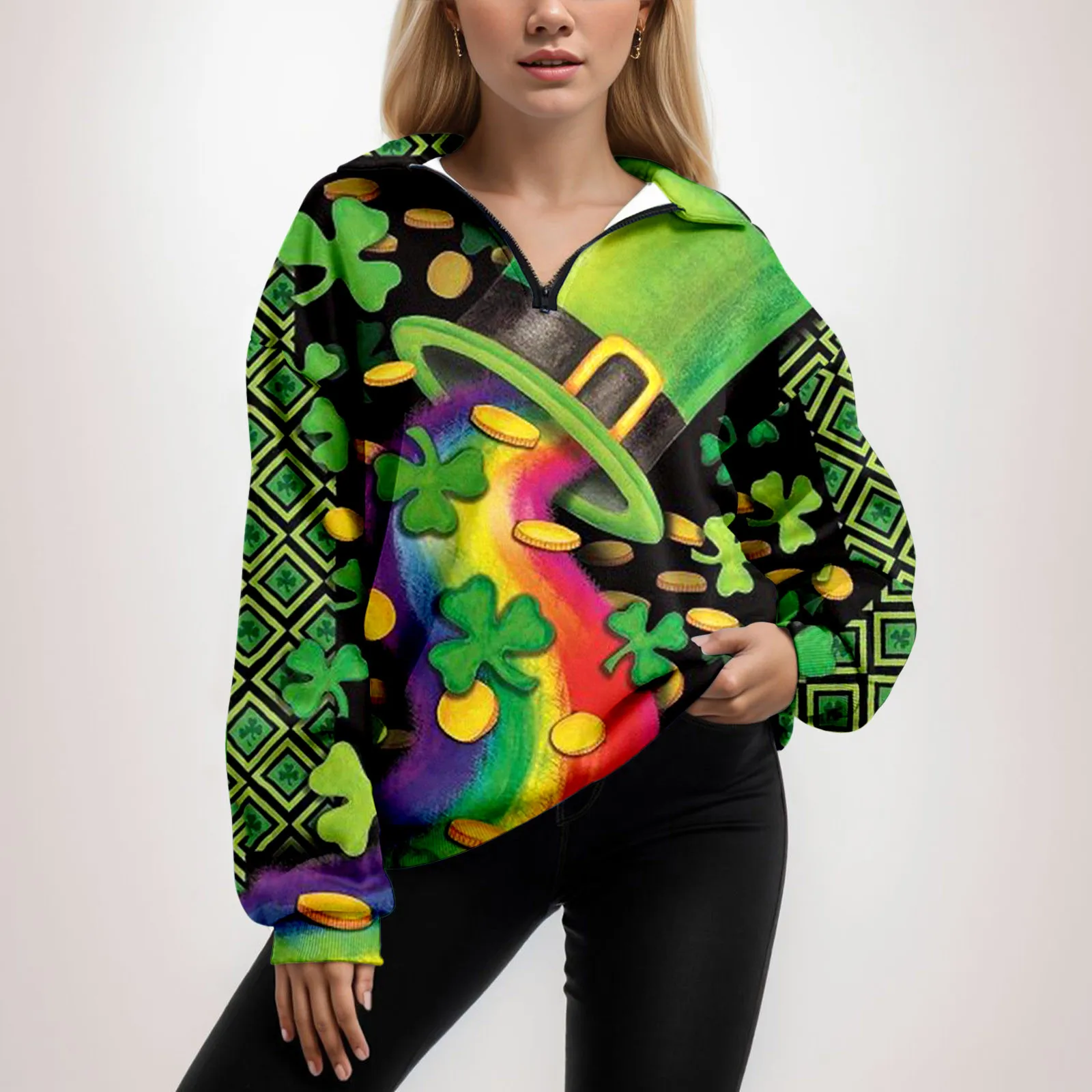 Womens Oversized Half Zip Pullover Long Sleeve St Patricks Day Print Sweatshirt Quarter Zip Graphic Exercise Retro