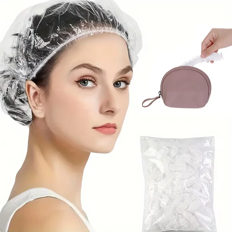 Disposable Women's Shower Cap, Transparent Beauty Hair Cap, Elastic Shower Cap, Plastic Waterproof Headband, Hotel, Hair Dye