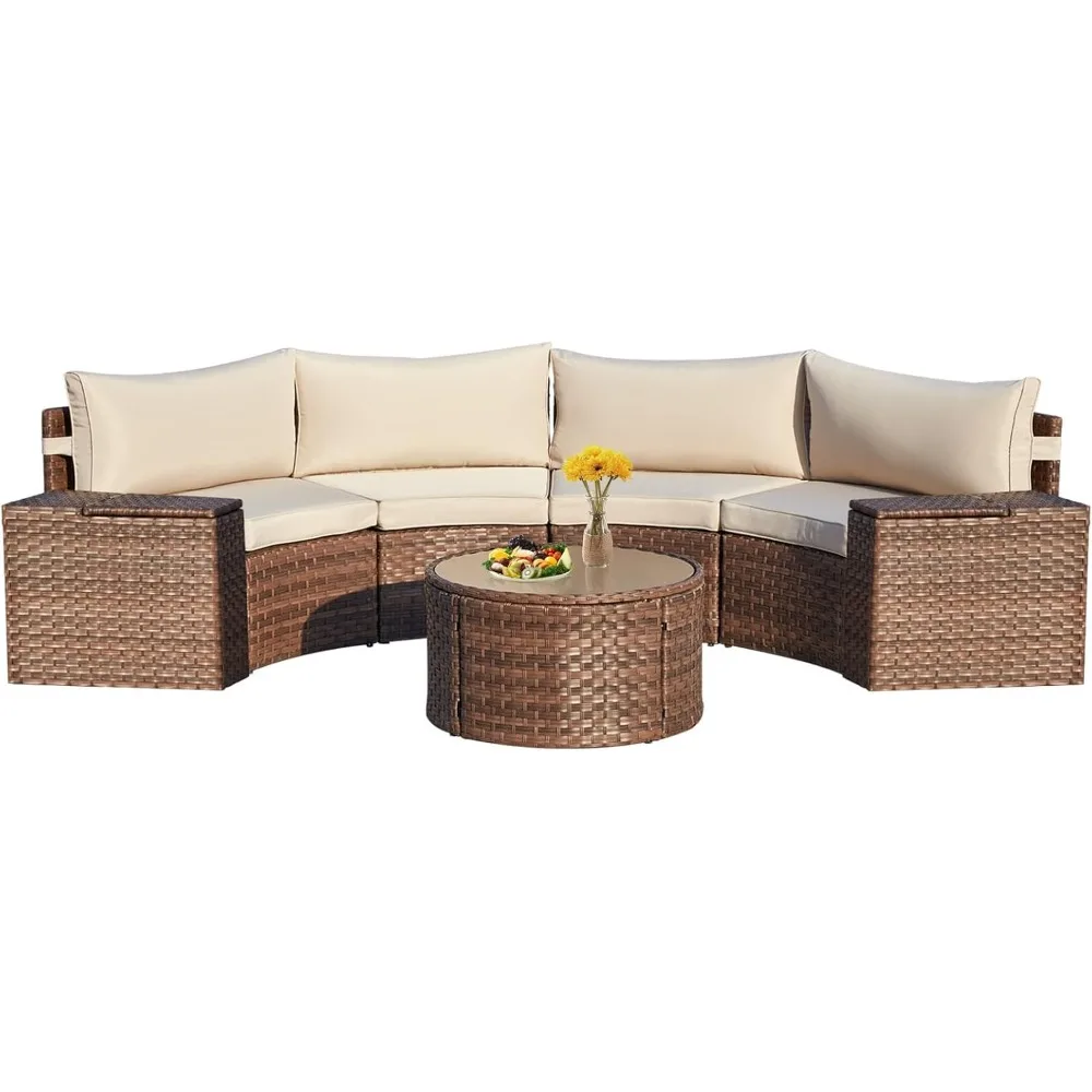 

7-Piece Patio Furniture Set: Half Moon Curved Wicker Outdoor Sectional with Storage Armrests
