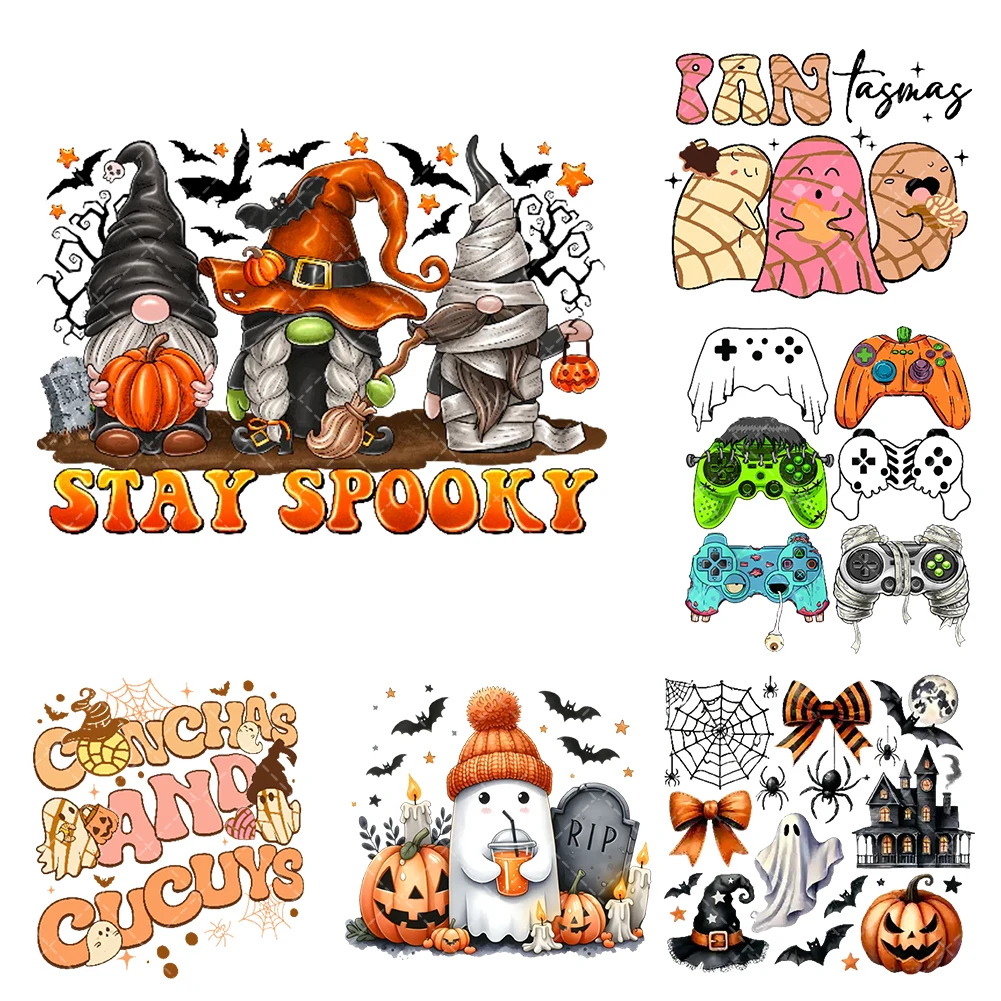 

New Design Halloween Spooky Pumpkin Heat Transfer Stickers Iron On Clothes Bags DTF Vinyl Thermal Appliques Washable DIY Patches