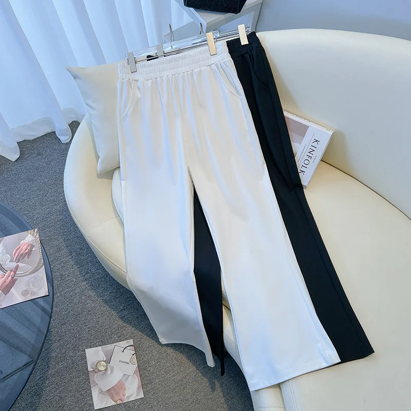 

Plus Size High Waist Solid Color Wide Leg Pants Women's 2024 Summer New Korean Style Loose Size Elegant Casual Flared Trousers