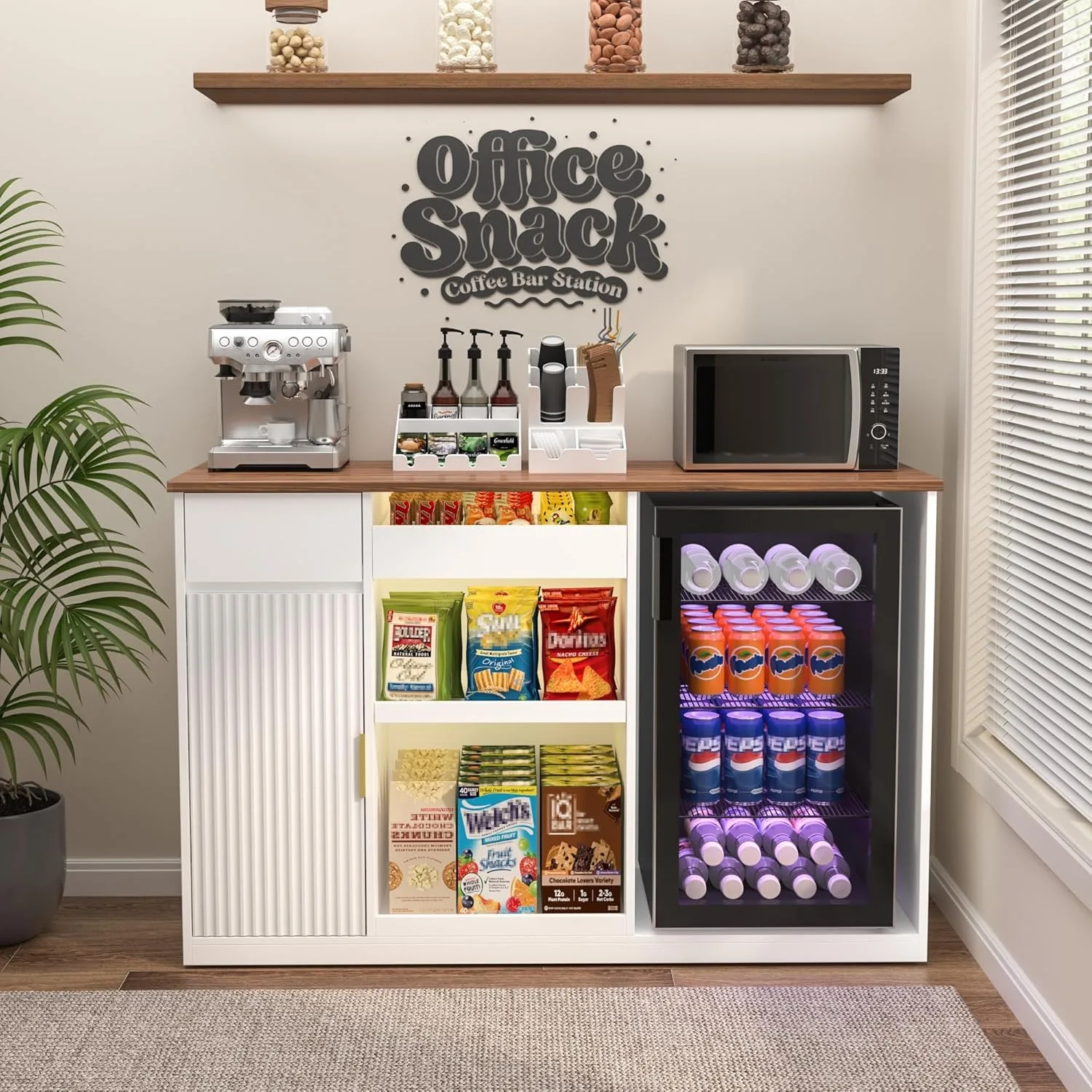 Snack Bar Cabinet with Fridge Space Storage and Display Shelf for Home Theater or Game Room 51 Inch White image 11