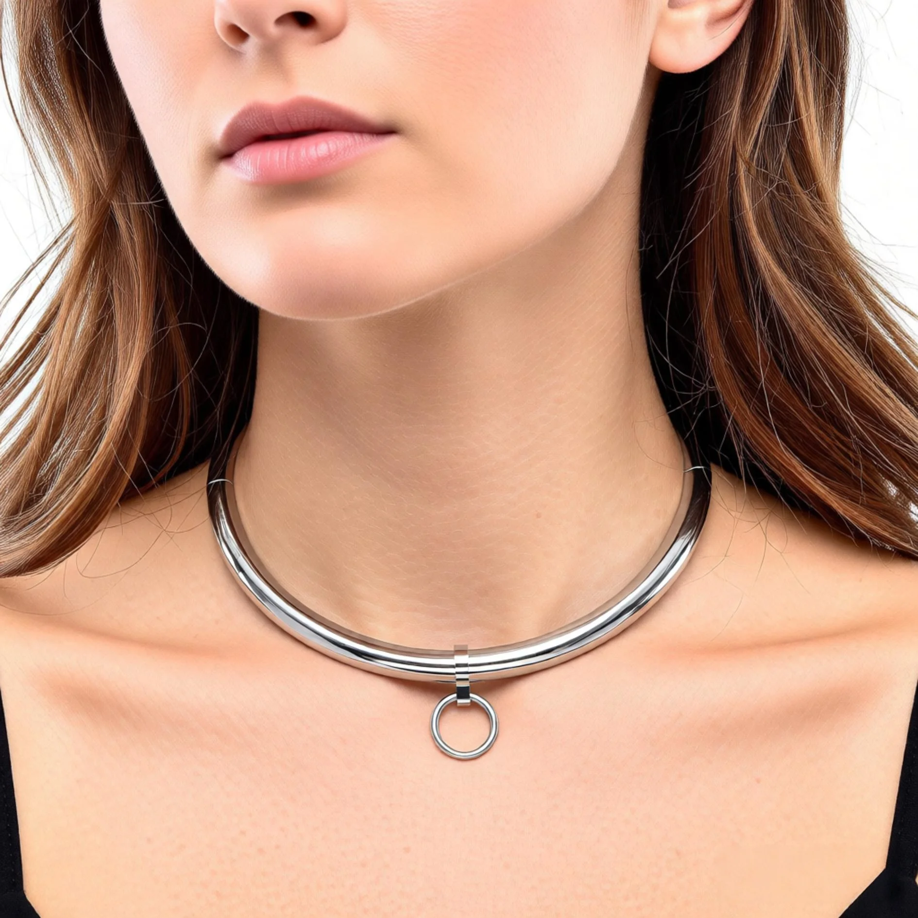 Naszyjnik choker ze stali nierdzewnej z kółkiem O-Ring, biżuteria zaciskowa dla kobiet, modny dodatek.