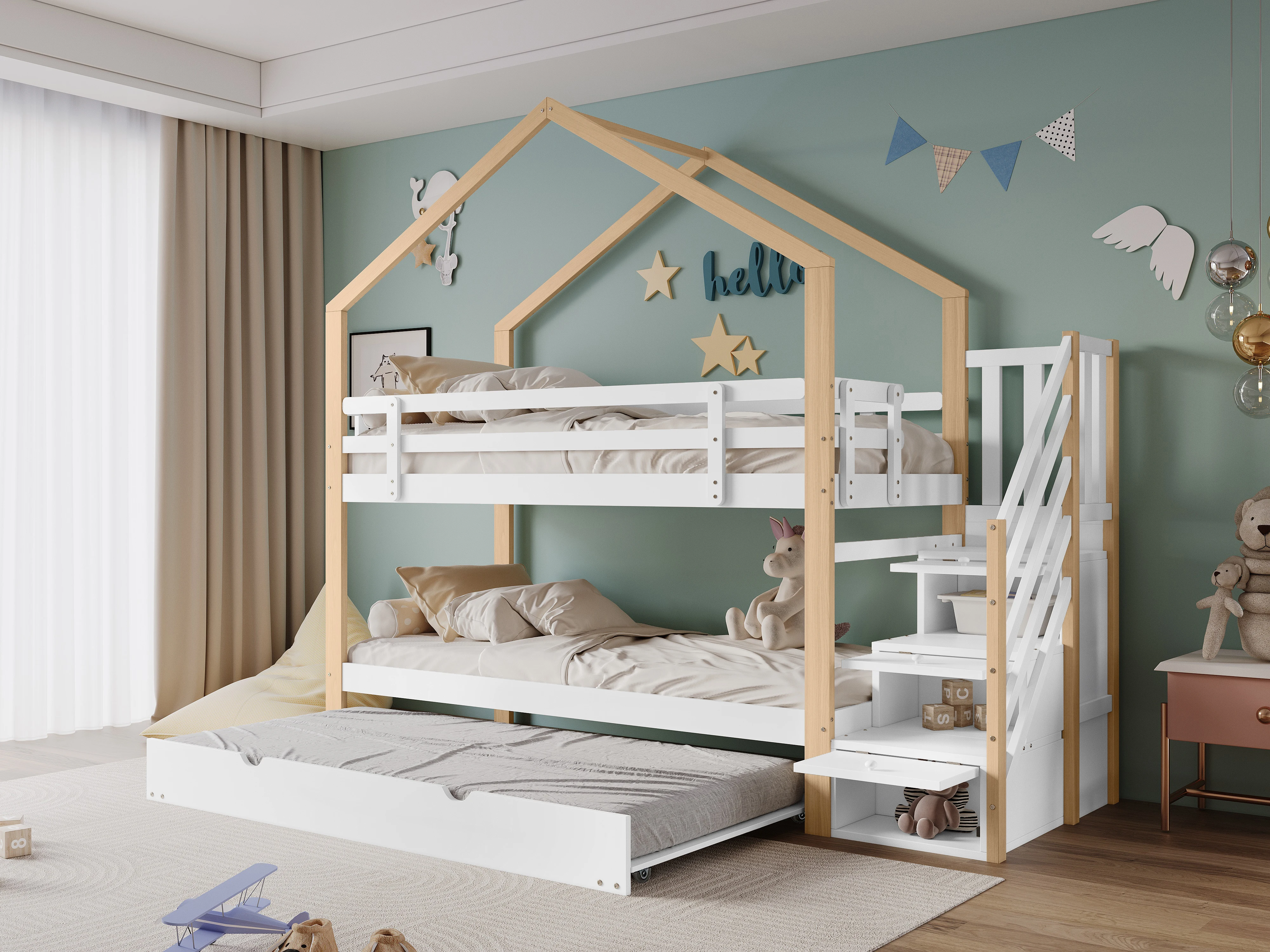 PINGGO Naturweißes Holzhausbett 90x200+90x190cm Kinder-Etagenbett mit Rutsche, Treppe, 3 Schubladen, Sicherheitsgeländer, ohne Matratze – Detail 1