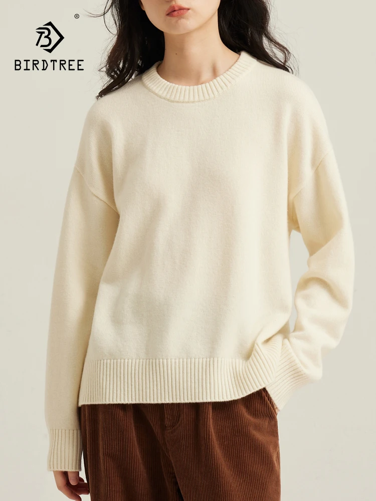 Birdtree 100% Wool Versatile Loose Fitting Sweater Beige White Round Neck/High Neck OL Commuting Pullover Autumn New T3D106QC