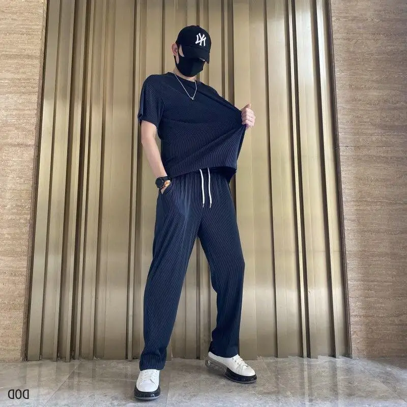 Elastic Silky Drape Summer Thin Loose Casual Men's Suit 2 Pieces Set Gym Straight Pleated Sports Outfit Pants  Ins Tide Brand