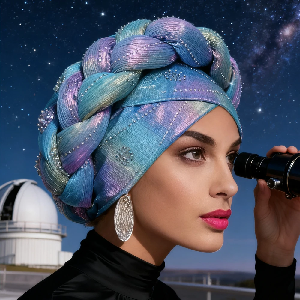 

Красочный тюрбан с бриллиантами для женщин, коса, хиджаб, мусульманский платок, африканский головной убор с автогелем, нигерийский свадебный гелевый капот, шапки