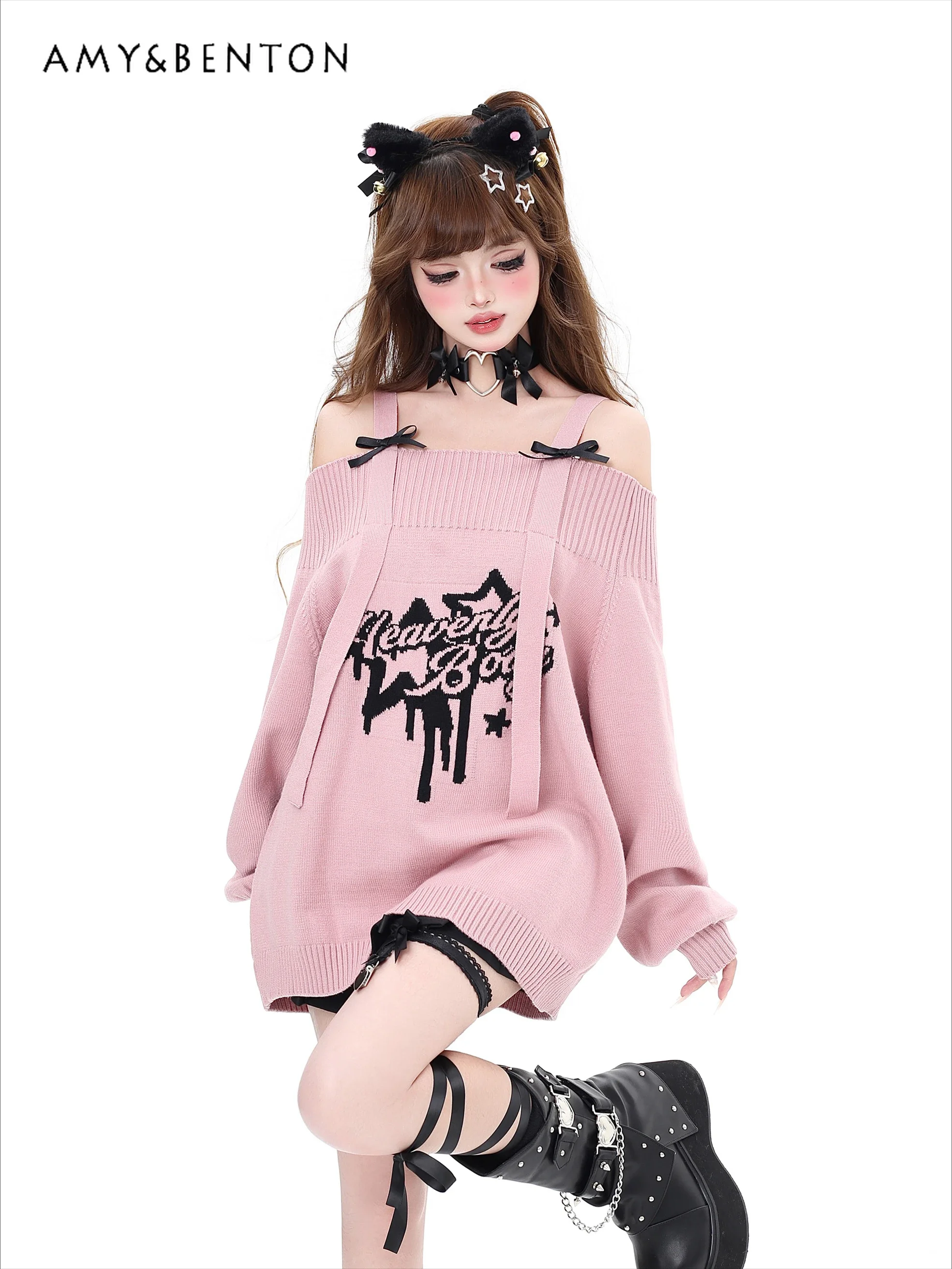 Sweet Bow Sexy Off Shoulder Sweater Women Autumn Winter New Hot Girl Y2K Oversized Sweater Harajuku Subculture Causal Pullover