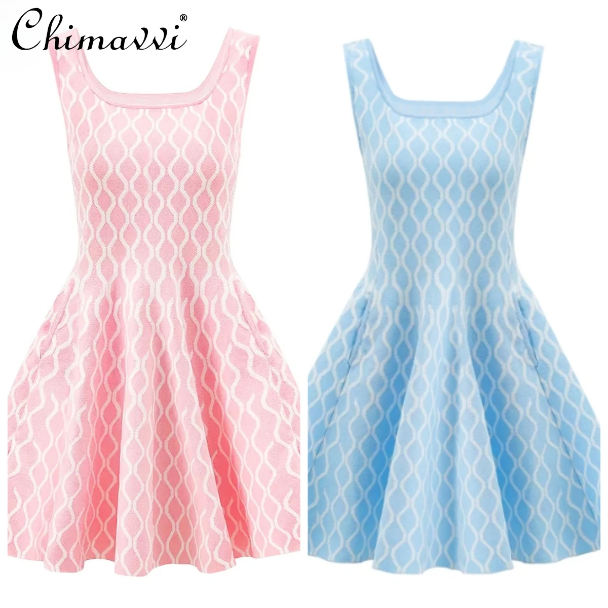 

French Elegant Temperament Tank Dress Square Neck Sleeveless Plaid High Waist A-line Knitted Socialite Short Dress Women Summer