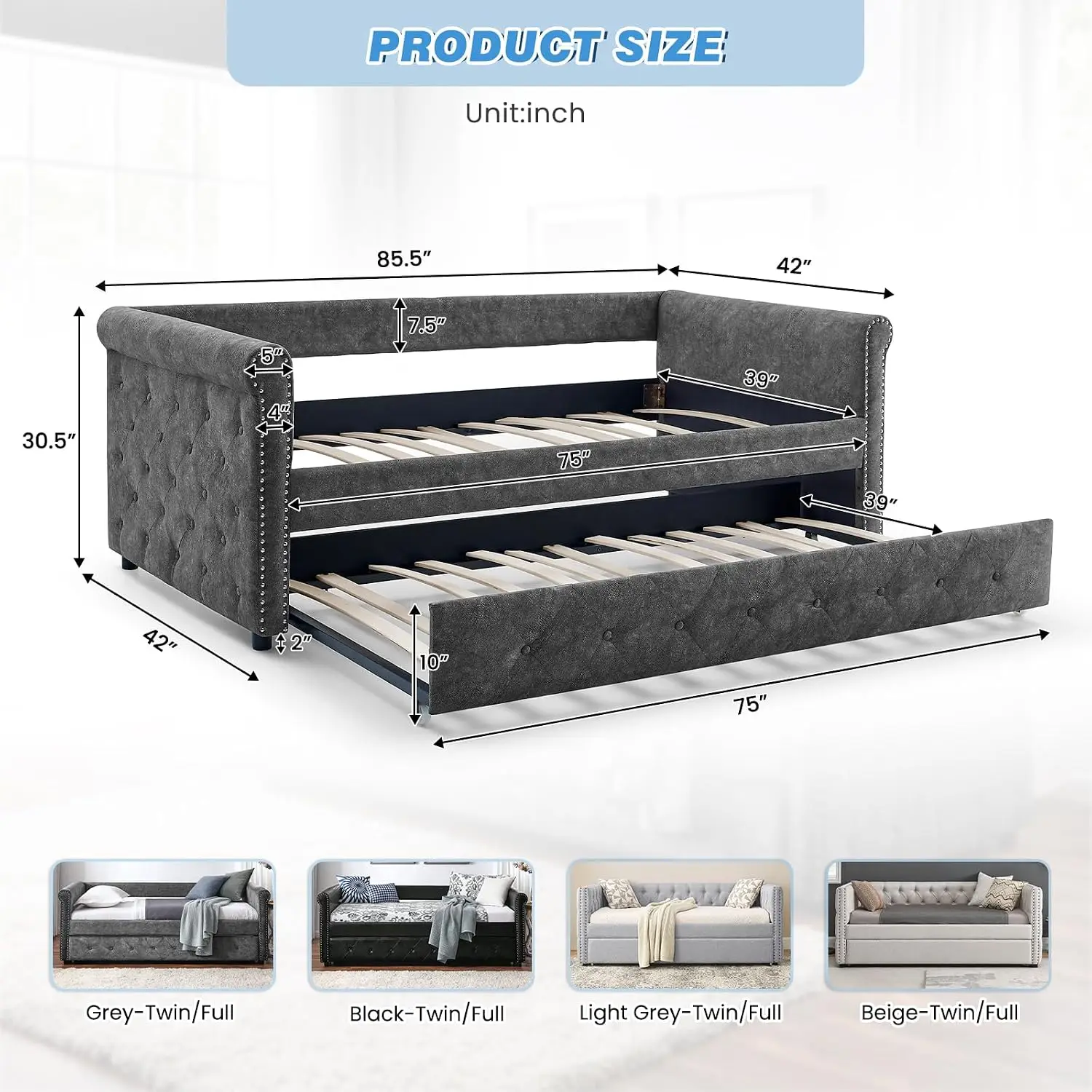 Twin Size Fabric Daybed W/Trundle, Button-Tufted Guest Bed Frame, No Box Spring, Bedroom Living Room Furniture, Customized