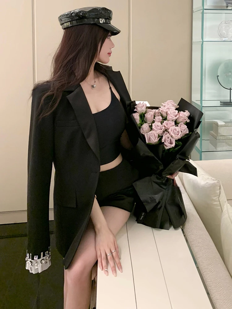 Spring autumn blazer with rhineston for women\'s Black white Luxury Notched collar long sleeve jacket Lady 2023 INKEO 3O158