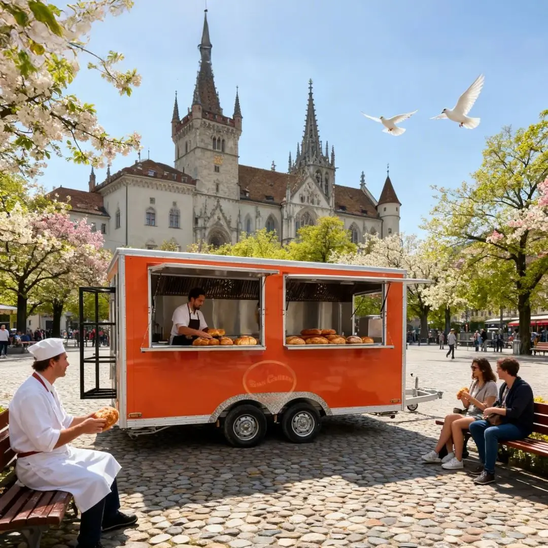 

Outdoor Food Trailer Vibrant Orange Main Color with Silver Metal Frames Stylish Design Mobile Kitchen Catering Truck