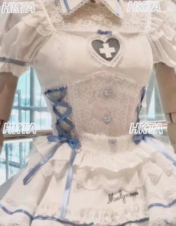 Japanese Autumn New Sweet Cute Lace Bow Bubble Short Sleeved Top Lolita High Waist Tutu Contrasting Color Two Pieces Sets Women
