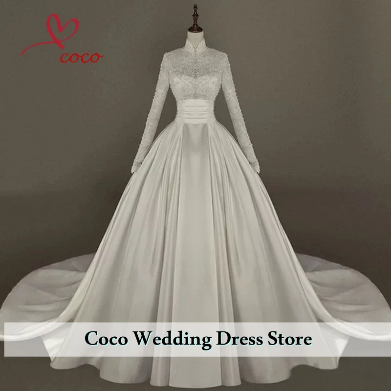 Customized Muslim High-Neck Appliques Long Sleeves  Wedding Dress Ball Gown Floor Length Sweep Bridal Gown Vestidos De Novias