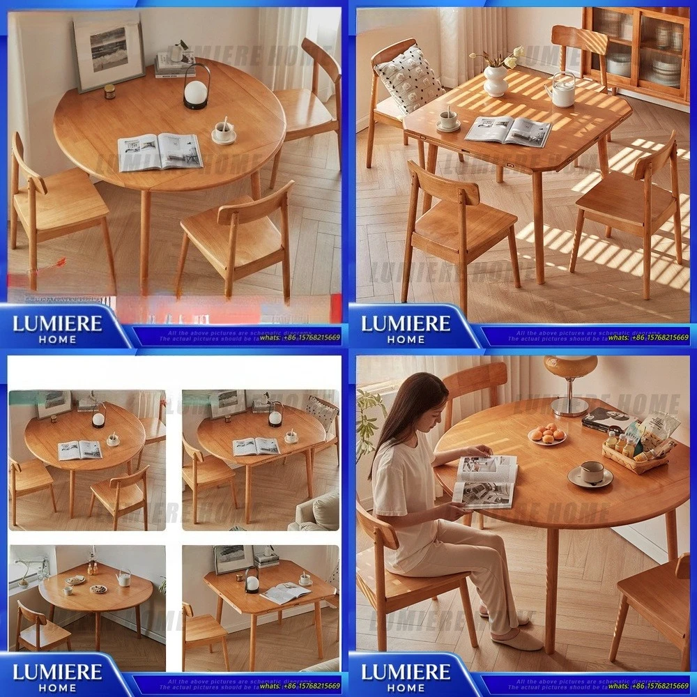 

Solid Wood Folding Round Dining Table Set for Small Spaces Extendable Dining Table and Chairs Nordic Style Cherry Wood Color