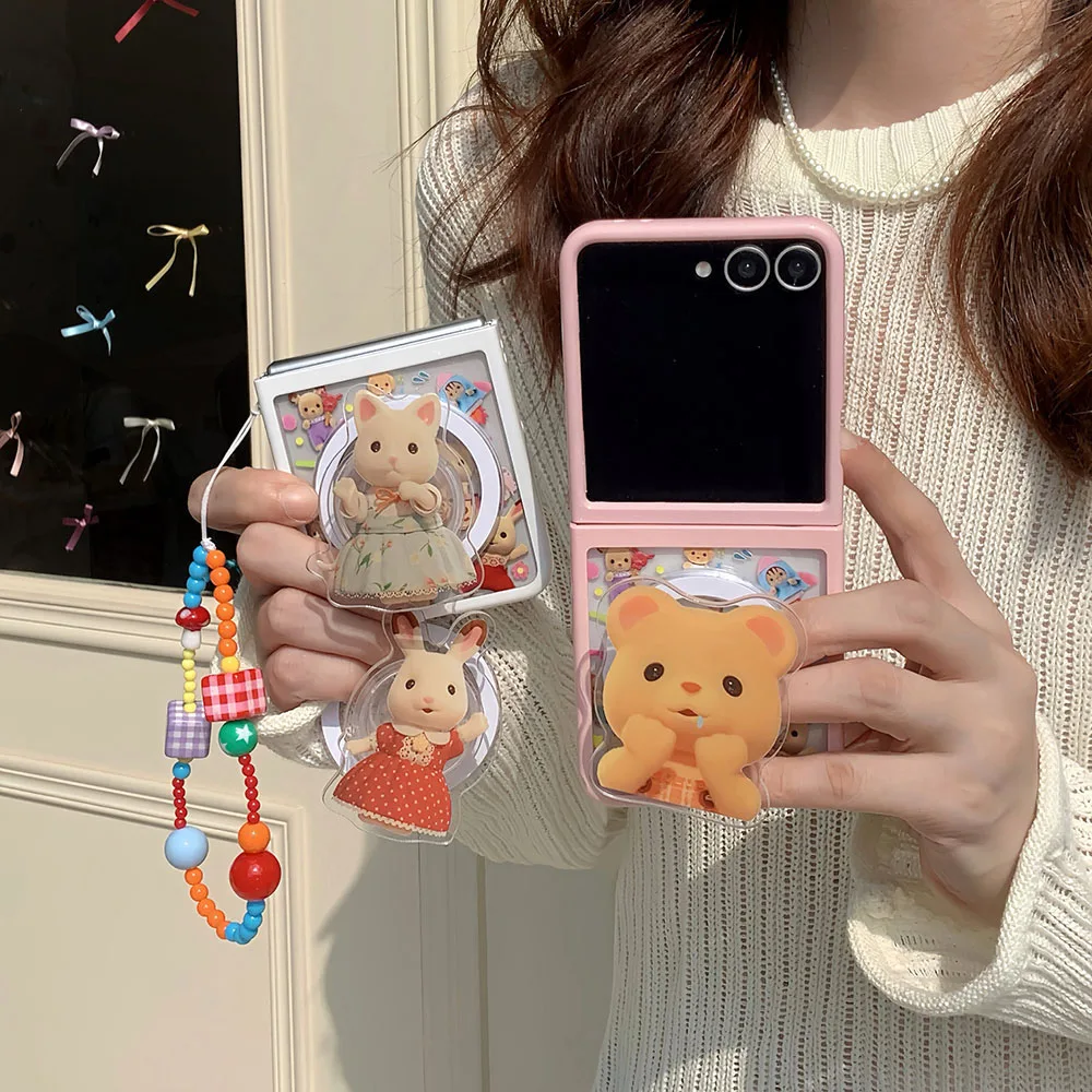 Cartoon Sylvanian Families For Magsafe Magnetic Bracket Lanyard Phone Case for Samsung Galaxy Z Flip 5 6 5G PC Hard Back Cover