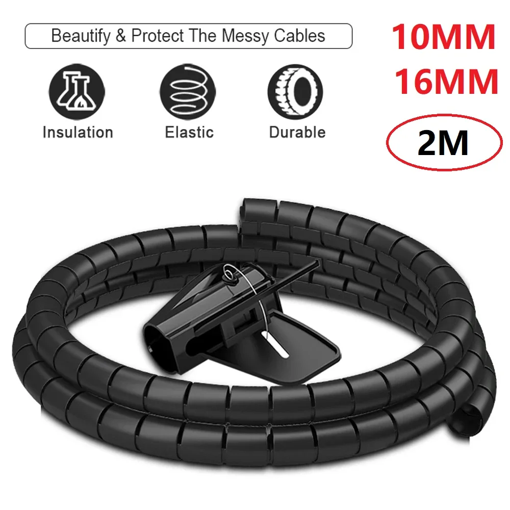 Cable Wire 2M 10/16mm Black Protector Cable Organizer Management Pipe Flexible Wrap Line Coiled Tube Office Cord Sleeve Cover