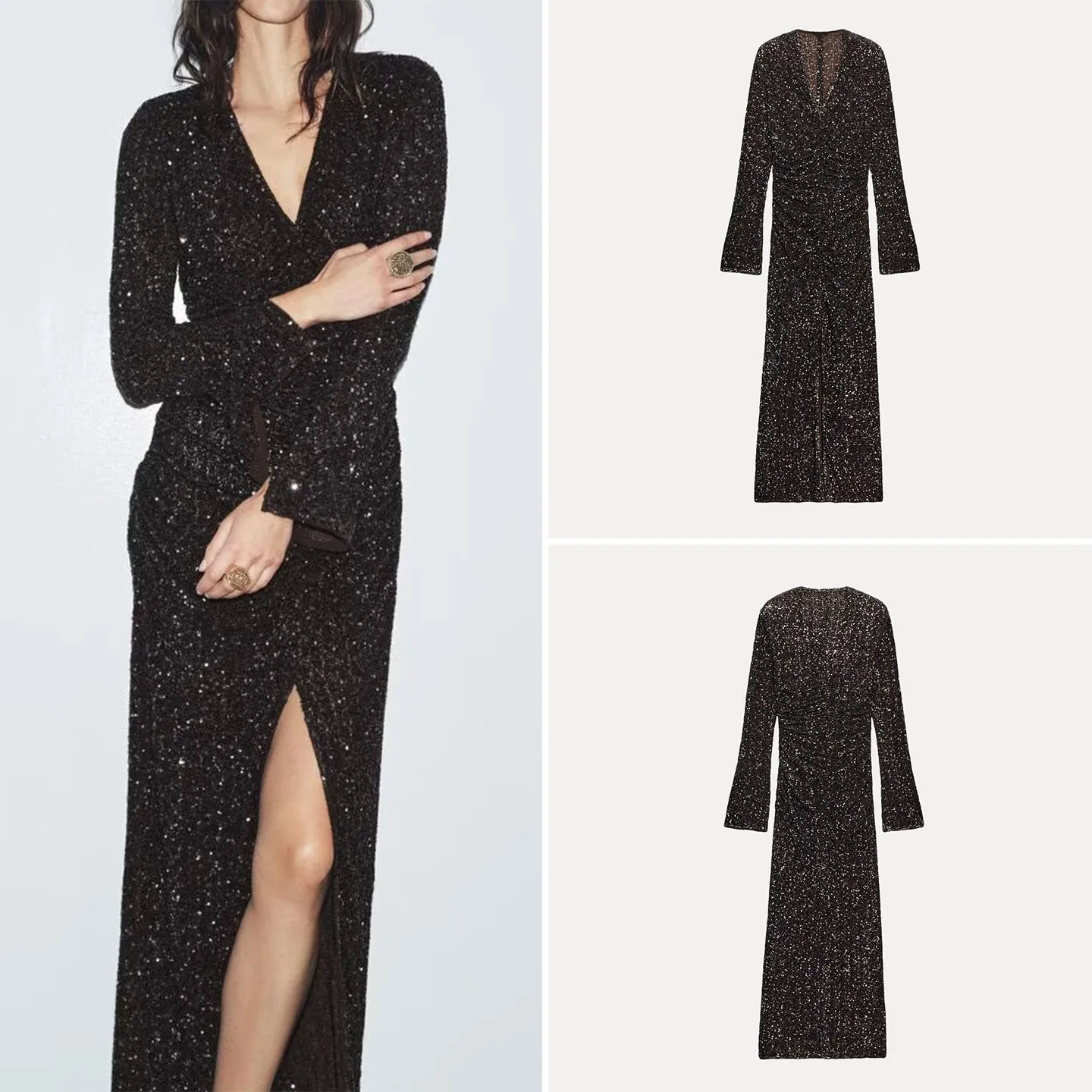 Z feminino Faionable frisado Dr com almofadas de ombro Ele Versátil longo Sve V-Ne Ci Commute Casual Wear