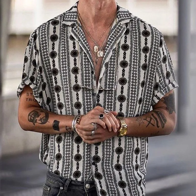 Suliamacoxy 2023 Loose Lapel Short-sleeved Men\'s Casual Shirt 4 Way Stretch Printed Ethnic Style Retro Summer Clothing for Men