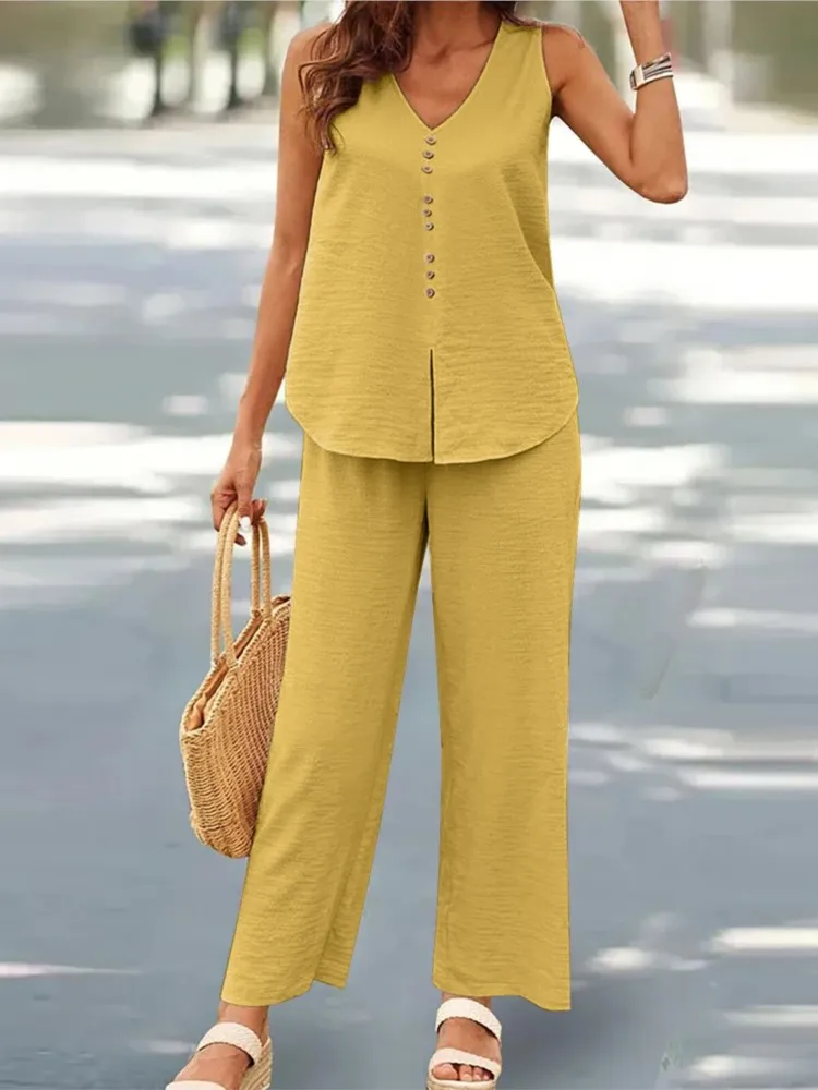 Women Wide Leg Pant Set Fashion Button Tank Tops Sleeveless 2023 Summer Outfit Casual Lady Elegant Loose Suits 2pcs Matcing Sets