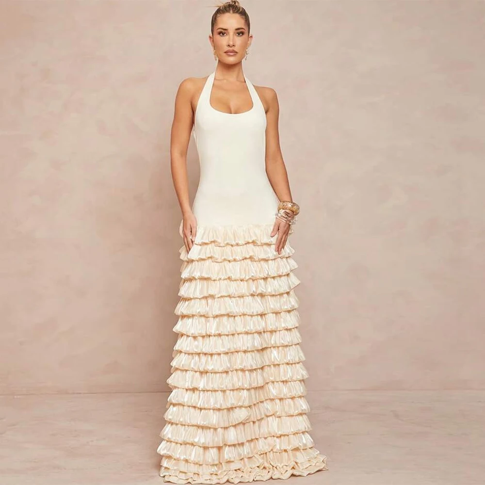 

Elegant Satin Tiered Evening Dress Classic Halter Sleeveless Prom Dresses Fashion Sweep Train Customized Special Occasion Gowns