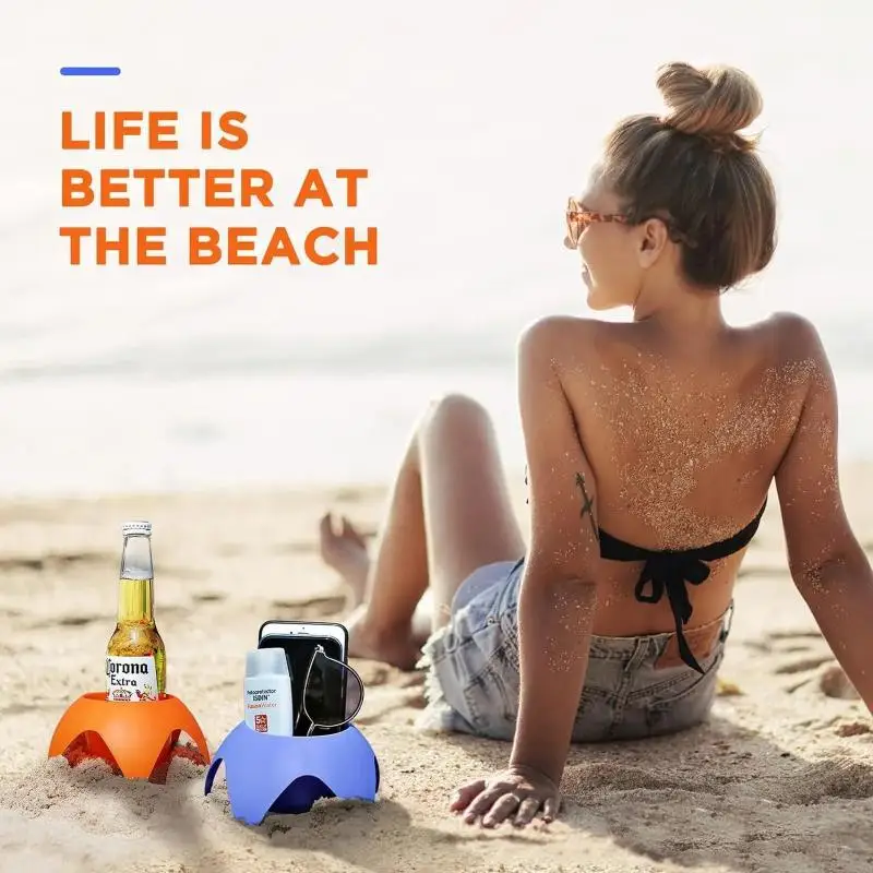 Multi-Purpose Beach Cup Holder with Storage Tray Holds Drinks Snacks Phone Organizer for Beach Picnic Pool Gathering