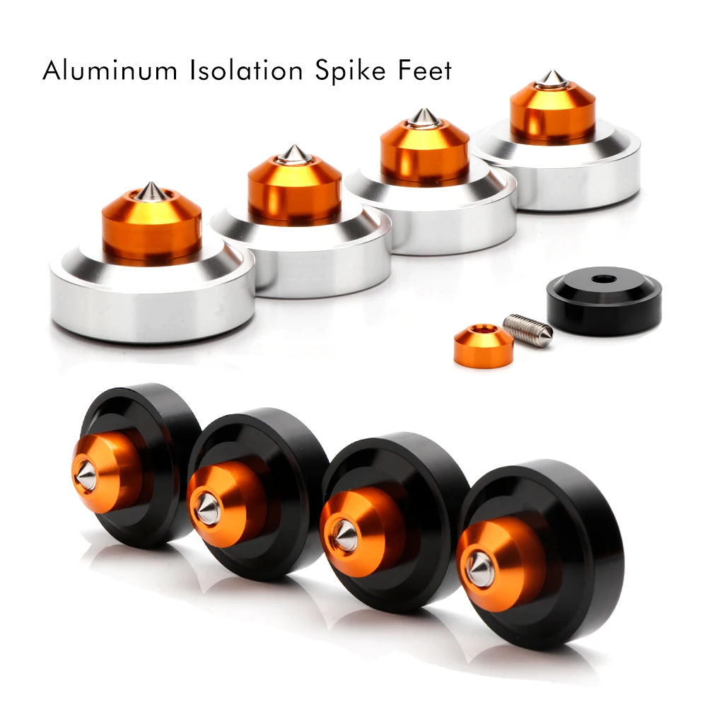 4 Peças de Pés de Isolamento em Alumínio com Espigões, para Melhoria de Som, com Base Amortecedora Sólida Usinada, para Áudio Hifi, Amplificador, Caixa de Som e Toca-discos