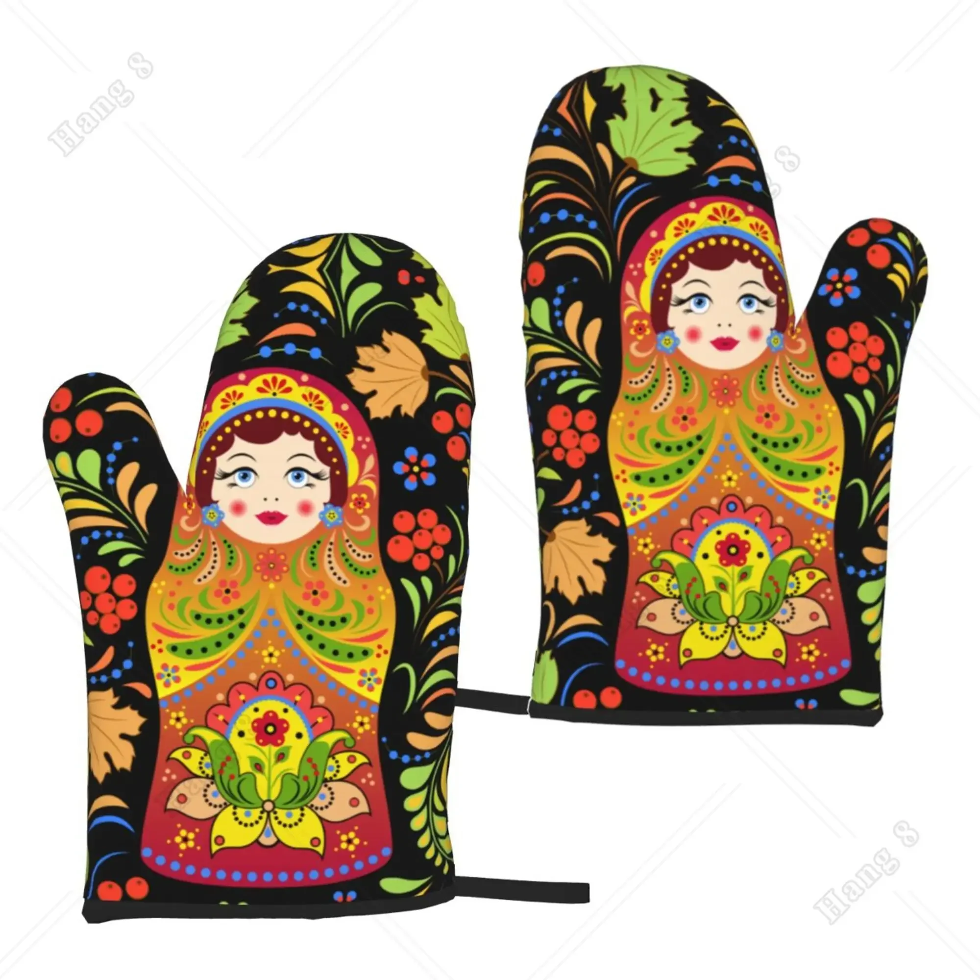 Fashion Print Russian Babushka Matryoshka Doll Set of 2 Kitchen Gloves Women Men Oven Gloves Heat Resistant for BBQ Cooking