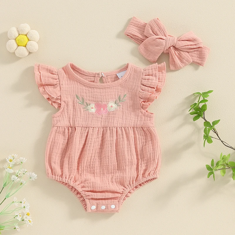 

0-18M Infant Girls Romper Flower Embroidery Flying Sleeve Round Neck Jumpsuit with Bow Headband 2pcs Set Newborn Clothes