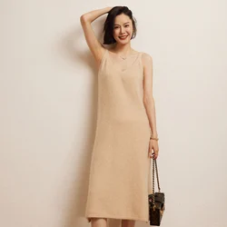 Autumn Winter Women 100% Cashmere Dress Longer Knit Jumper New Fashion Soft V-Neck Sleeveless Dresses Female Mid-calf Pullovers