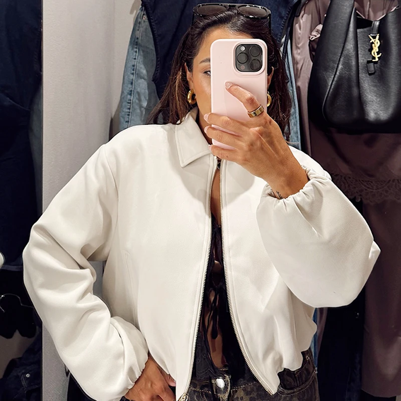 HXAO Dames Bomberjack Herfst 2025, Bladerdeeg Beige Crop Coat Oversized Jas Met Rits Plus Size Lange Mouwen Tops Losse Outerwears